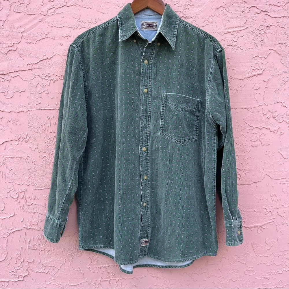 Vintage County Seat Jeanswear Button Down Shirt Green Corduroy Faded Cotton Flaw